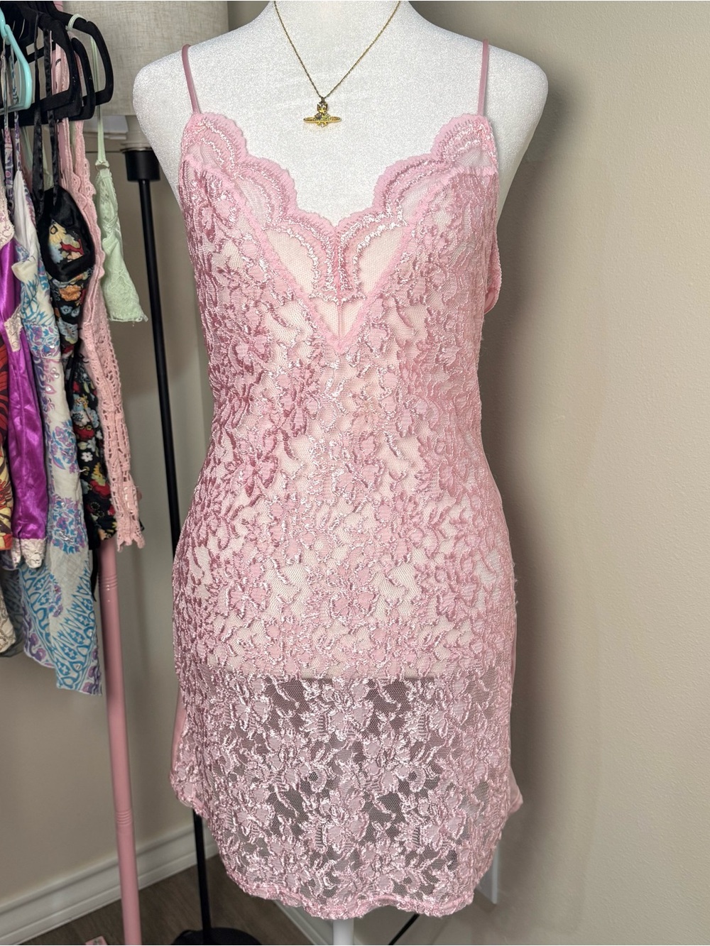 Delicate Pink Coquette 2000s Lace Chemise Night Slip Women's Medium Intimates